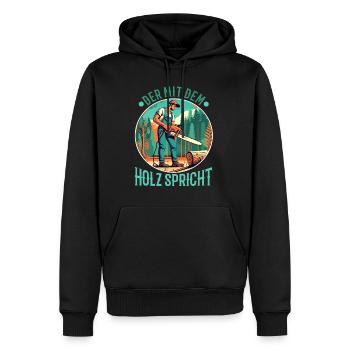 Der mit dem Holz spricht - Männer Premium Bio Hoodie - Schwarz - Vorne - Nico (187cm)