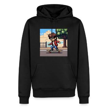 Ein junger Mensch fährt Skateboard in Pixelkunst - Männer Premium Bio Hoodie - Schwarz - Vorne - Nico (187cm)