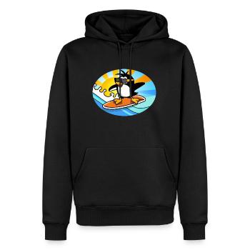 Pinguin mit Sonnenbrille auf einem Surfboard - Männer Premium Bio Hoodie - Schwarz - Vorne - Nico (187cm)