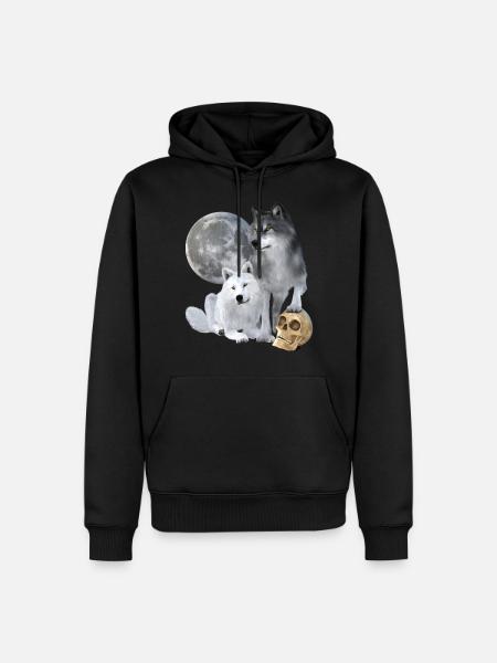 Wölfe, weiß, grau, Mond, Schädel - Männer Premium Bio Hoodie - Schwarz