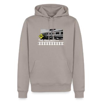 THE RAILWAY - Men’s Premium Organic Hoodie - taupe - Front - Nico (187cm)