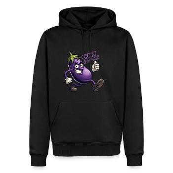 Crazy Veggies: Eggplant Power Walker Thumbs Up - Männer Premium Bio Hoodie - Schwarz - Vorne - Nico (187cm)