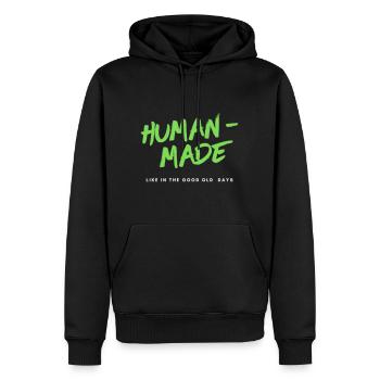 Human-made – Klartext für AI-Skeptiker | Statement - Männer Premium Bio Hoodie - Schwarz - Vorne - Nico (187cm)