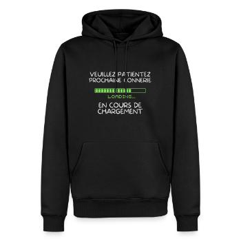 Prochaine Connerie En Cours de chargement humour - Sweat à capuche Premium bio Homme - noir - Devant - Nico (187cm)