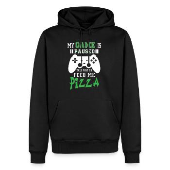 My game is paused feed me pizza - Sweat à capuche Premium bio Homme - noir - Devant - Nico (187cm)