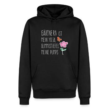 Gärtnern ist mein Yoga, Gummitstiefel meine Pumps. - Männer Premium Bio Hoodie - Schwarz - Vorne - Nico (187cm)