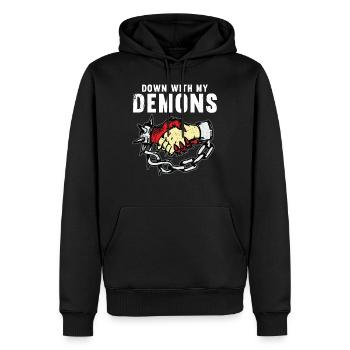 DOWN WITH MY DEMONS Cadeau de motard tatoué - Sweat à capuche Premium bio Homme - noir - Devant - Nico (187cm)