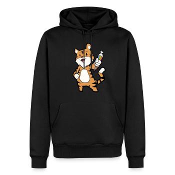 Tiger with sugar bag at the beginning of school reading enrollment - Men’s Premium Organic Hoodie - black - Front - Nico (187cm)