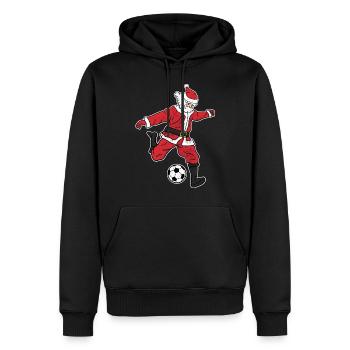 Santa Claus soccer player kicking gift - Men’s Premium Organic Hoodie - black - Front - Nico (187cm)