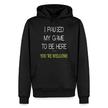 J'ai suspendu mon jeu pour être ici - Sweat à capuche Premium bio Homme - noir - Devant - Nico (187cm)