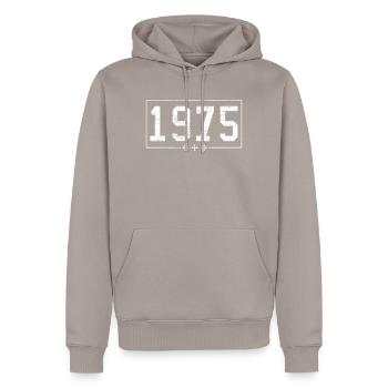 1975 - Men’s Premium Organic Hoodie - taupe - Front - Nico (187cm)