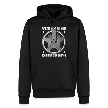 Garage Wartet nich auf mich ich bin in der Garage - Männer Premium Bio Hoodie - Schwarz - Vorne - Nico (187cm)