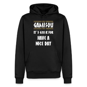 GAMISOU IT´S GREEK FOR HAVE A NICE DAY - Männer Premium Bio Hoodie - Schwarz - Vorne - Nico (187cm)