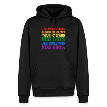 Gay Pride LGBT - The World Has Bigger Problems - Men’s Premium Organic Hoodie - black - Front - Nico (187cm)