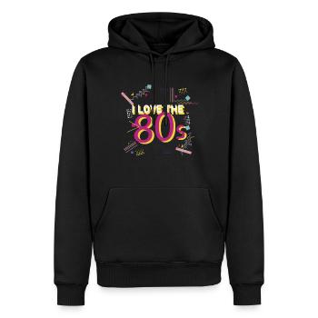 J'aime les années 80 | J'aime le vintage rétro des années 80 - Sweat à capuche Premium bio Homme - noir - Devant - Nico (187cm)