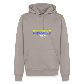 Gender equality issues - Men’s Premium Organic Hoodie - taupe - Front - Nico (187cm)