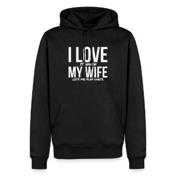 J'aime (ça quand) ma femme (laisse moi jouer aux fléchettes) - Sweat à capuche Premium bio Homme - noir - Devant - Nico (187cm)