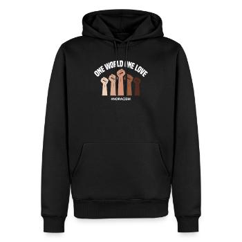 One world one love #NORACISM - Men’s Premium Organic Hoodie - black - Front - Nico (187cm)
