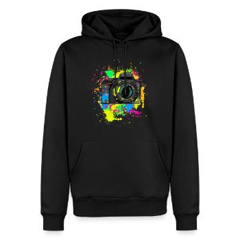 Cadeau d’appareil photo coloré pour les photographes Éclaboussures de couleur - Sweat à capuche Premium bio Homme - noir - Devant - Nico (187cm)