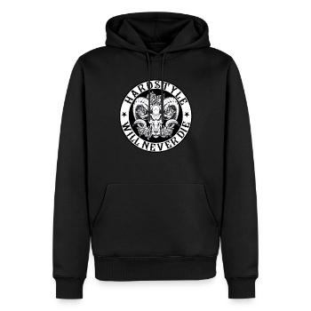 HARDSTYLE WILL NEVER DIE with a ram's head occult - Men’s Premium Organic Hoodie - black - Front - Nico (187cm)