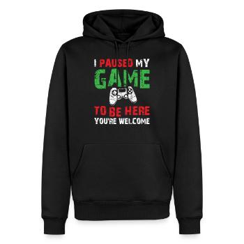 Blague d'humour de joueur vidéo J'ai mis mon jeu en pause pour être ici - Sweat à capuche Premium bio Homme - noir - Devant - Nico (187cm)