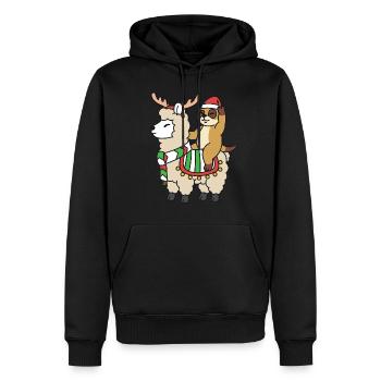 Suricate de Noël chevauche un lama avec un renne - Sweat à capuche Premium bio Homme - noir - Devant - Nico (187cm)