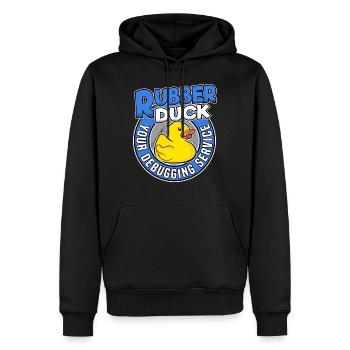 Funny Rubber Duck Debugging Service Coder Gift - Men’s Premium Organic Hoodie - black - Front - Nico (187cm)