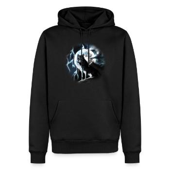 Wolf sitzt heulend im Vollmond bei Nacht - Männer Premium Bio Hoodie - Schwarz - Vorne - Nico (187cm)
