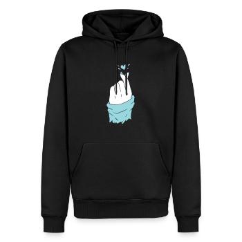 Coeur coréen main deux doigts formant un coeur - Sweat à capuche Premium bio Homme - noir - Devant - Nico (187cm)