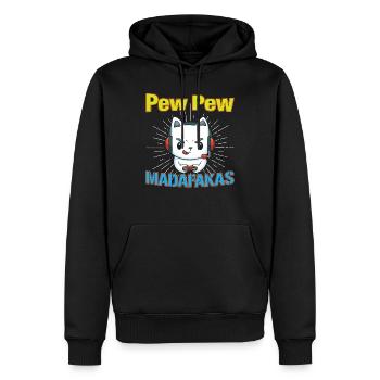 Pew Pew Funny Cat - Männer Premium Bio Hoodie - Schwarz - Vorne - Nico (187cm)