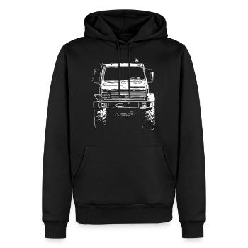 Unimog , Nutzfahrzeug, Lkw, Unimog 406, Traktor - Männer Premium Bio Hoodie - Schwarz - Vorne - Nico (187cm)