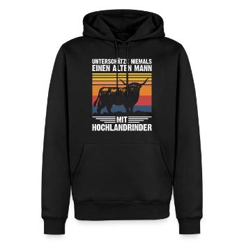 Vieil homme | Hochlandrind Retro Style - Sweat à capuche Premium bio Homme - noir - Devant - Nico (187cm)