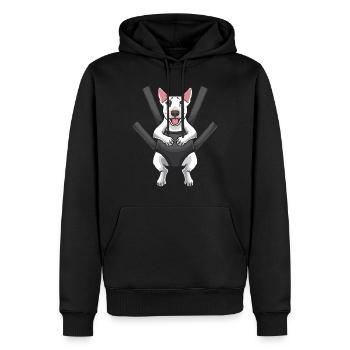 Miniature Bullterrier in Tragetasche - Männer Premium Bio Hoodie - Schwarz - Vorne - Nico (187cm)