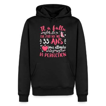 Anniv 33 ans Anniversaire Humour - Sweat à capuche Premium bio Homme - noir - Devant - Nico (187cm)