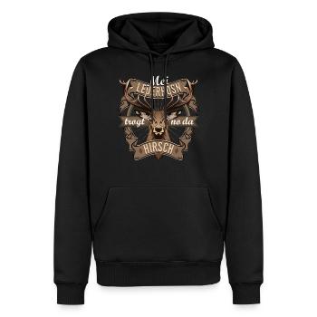 Mei Lederhosn trogt no da Hirsch - Männer Premium Bio Hoodie - Schwarz - Vorne - Nico (187cm)