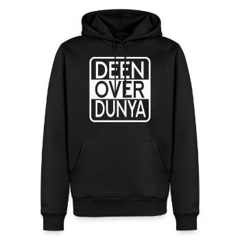 DEEN OVER DUNYA, "Glaube über die Welt" - Männer Premium Bio Hoodie - Schwarz - Vorne - Nico (187cm)