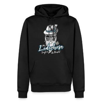 Mei Lederhosn trogt no da Hirsch Ersatz Tracht Bua - Männer Premium Bio Hoodie - Schwarz - Vorne - Nico (187cm)