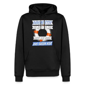BADEMEISTER SEI NETT ZU MIR - Männer Premium Bio Hoodie - Schwarz - Vorne - Nico (187cm)