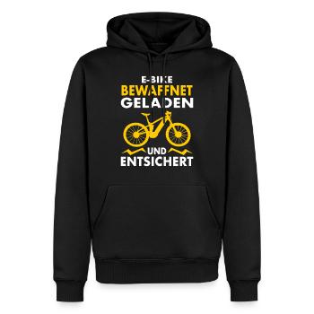 E-MTB Fahrrad E-Bike Geladen und Entsichert - Männer Premium Bio Hoodie - Schwarz - Vorne - Nico (187cm)