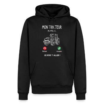 Mon tracteur m'appelle je dois y aller - Sweat à capuche Premium bio Homme - noir - Devant - Nico (187cm)
