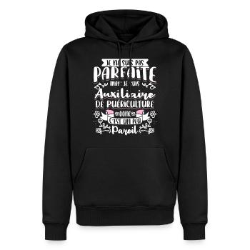 Auxiliaire puériculture humour - Sweat à capuche Premium bio Homme - noir - Devant - Nico (187cm)