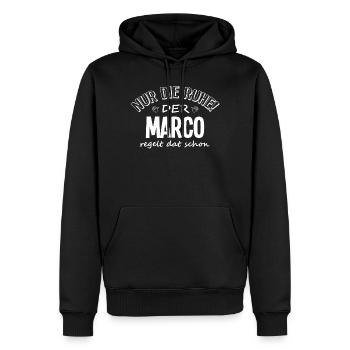 Nur Die Ruhe! Marco Personalisiert Namengeschenk - Männer Premium Bio Hoodie - Schwarz - Vorne - Nico (187cm)