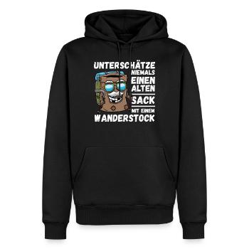 Alter Sack mit Wanderstock Wandern Bergsteiger - Männer Premium Bio Hoodie - Schwarz - Vorne - Nico (187cm)