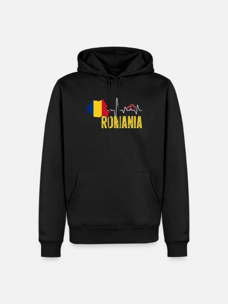 Romania Flag Map Heartbeat for Romanian Pride - Men’s Premium Organic Hoodie - black