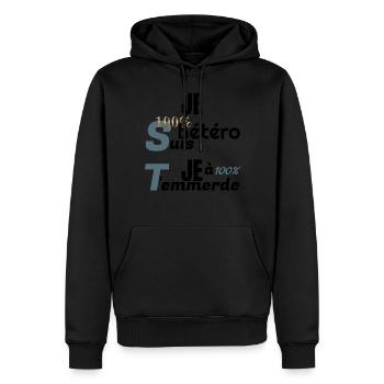 JE SUIS 100% HÉTÉRO, JE T'EMMERDE - Sweat à capuche Premium bio Homme - noir - Devant - Nico (187cm)