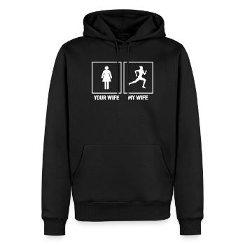 Running Wife - Votre femme, ma femme - Sweat à capuche Premium bio Homme - noir - Devant - Nico (187cm)