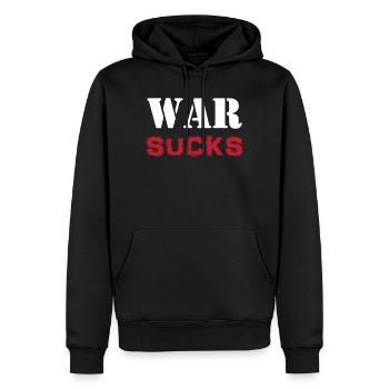 Slogan T-Shirt Krieg saugt Antimilitarismus - Männer Premium Bio Hoodie - Schwarz - Vorne - Nico (187cm)