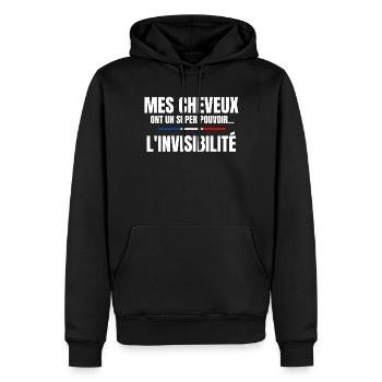 homme humour, cheveux, super pouvoir, chauve - Sweat à capuche Premium bio Homme - noir - Devant - Nico (187cm)