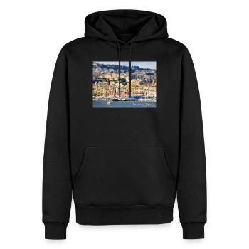 Gênes Italie – GÊNES Italie Port - Sweat à capuche Premium bio Homme - noir - Devant - Nico (187cm)