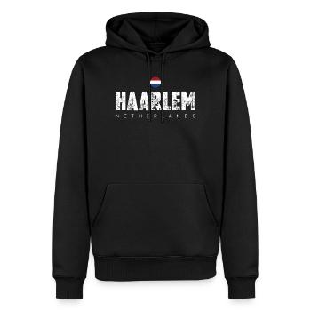Haarlem Distressed Logo - Männer Premium Bio Hoodie - Schwarz - Vorne - Nico (187cm)